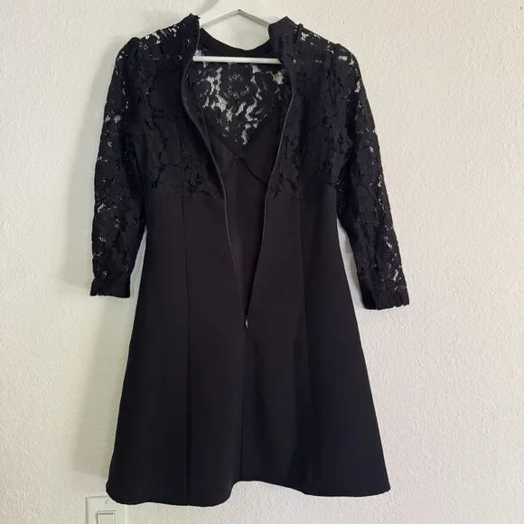 ASOS Mini Dress Black Sz 0 High Neck Skate Lace Insert & Lace Sleeves Stretch - Picture 10 of 16